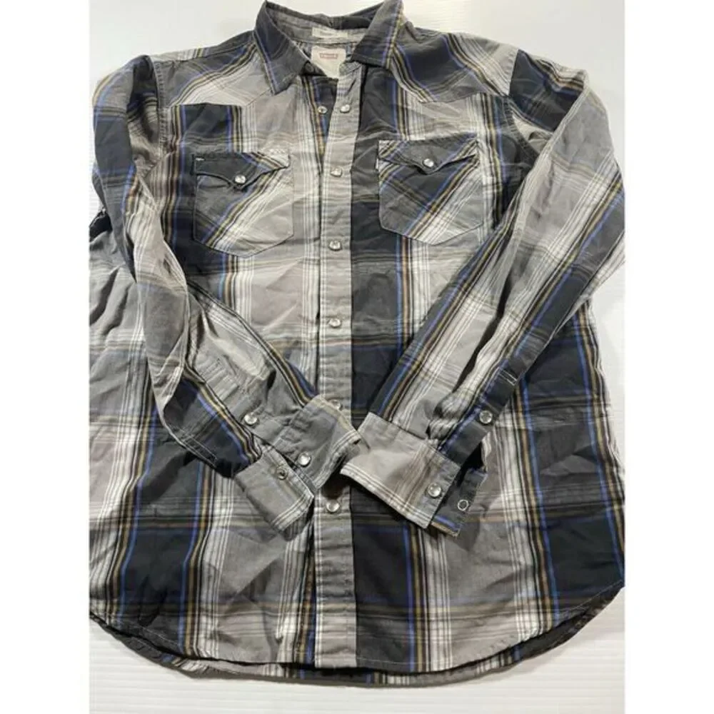Levis Standard Fit Black Gray  Plaid Western Shirt Mens S Lumberjack Pearl Snaps